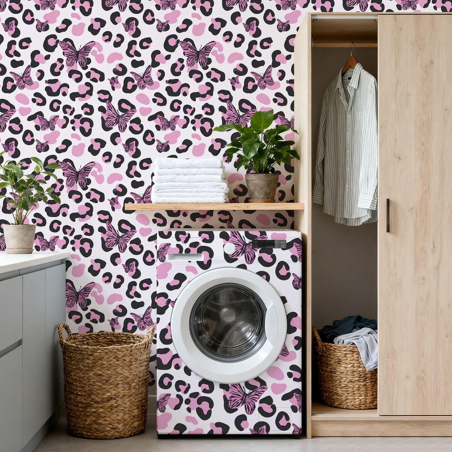 Peel and Stick Wallpaper Pink Black Leopard Print Pink Butterflies Botanical Wall Mural 17.7in x 9.8ft Self Adhesive Removable Wall Paper Renter Friendly Wallpaper for Nursery Bedroom Cabinets