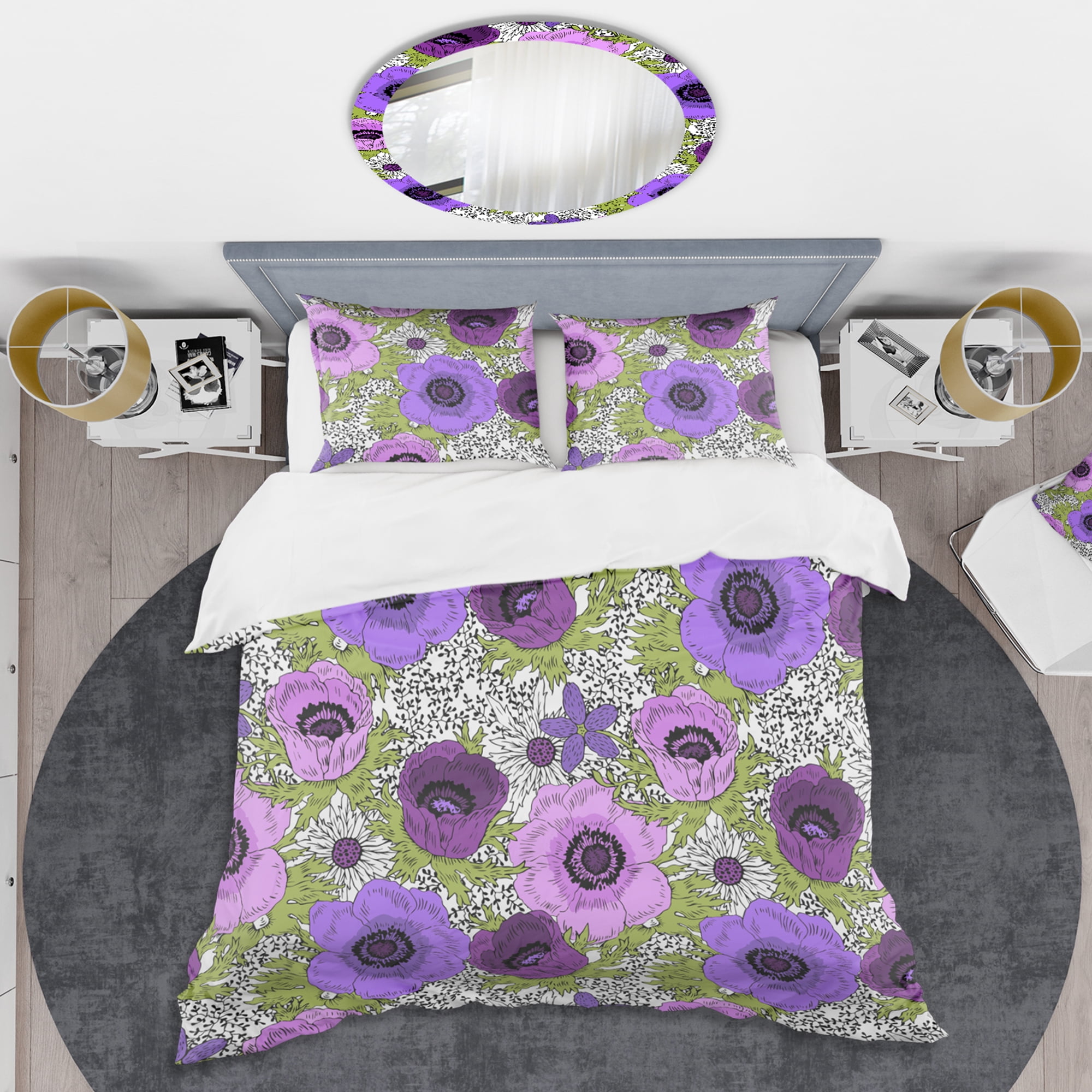 Designart 'Purple Retro Fantasy Flowers' Mid-Century Modern Duvet Cover Set