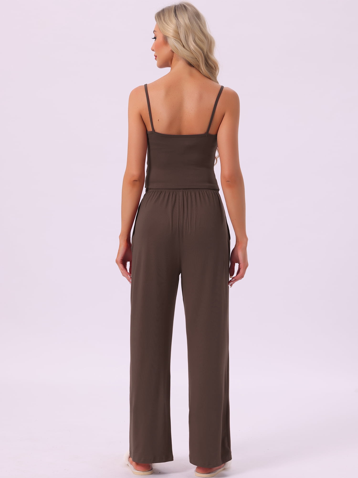 DARING DIVA Women's Pajama Set Cami Jersey Knit Adjustable Spaghetti Strap Pants S Brown
