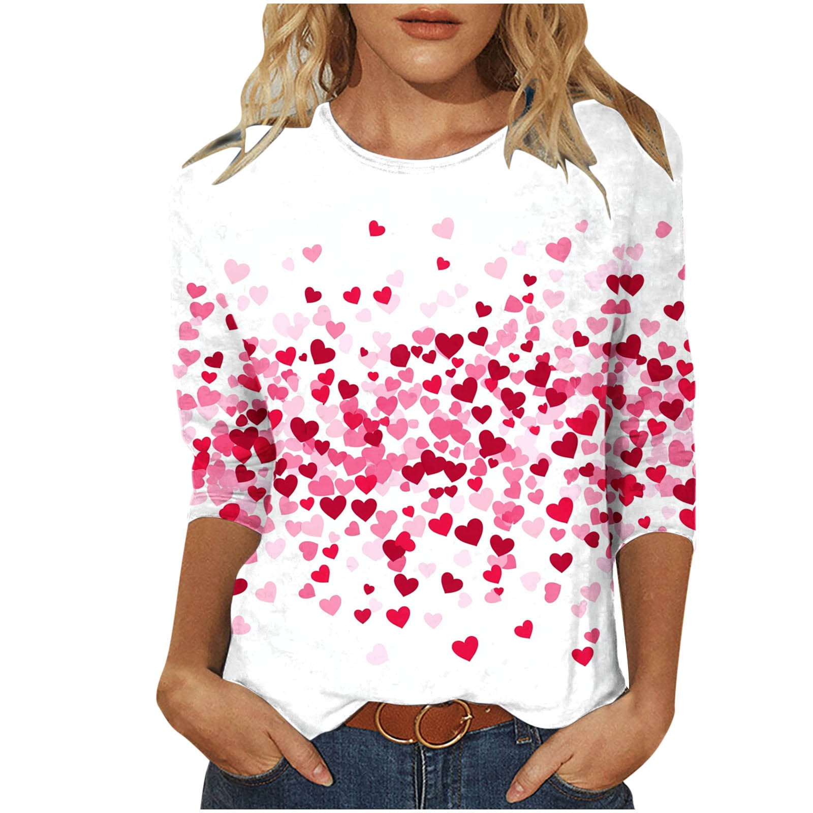 New Arrivals Valentine Heart Print Round Neck 3/4 Sleeve Tshirts for Women Casual Fashion Spring Summer My Items