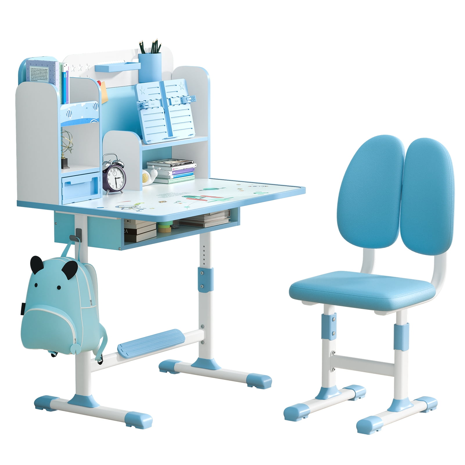 Upgraded Kids Desk and Chair Set, Height Adjustable Kids Functional Desk and Chair Set for Kids 8-12, Study Table for Girls Boys, Writing Table for Kids-Blue