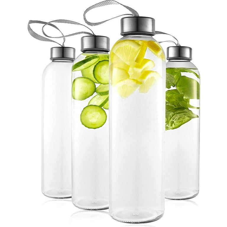 Kitchen Lux 24 Oz Reusable Glass Water Bottles with Airtight Screw Top Lid,  Pack of 4