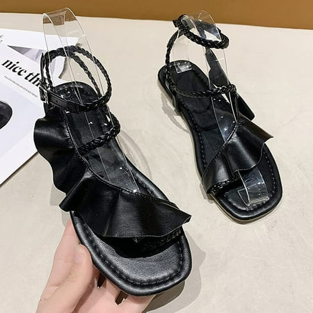 

LoyisViDion Women Shoes Clearance Women Summer Casual Shoes Solid Color Ruffle Low Heel Buckle Open Toe Sandals Special offers Black 7