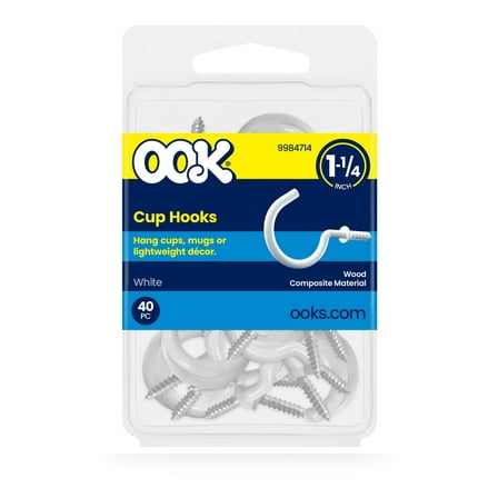 Ook Cup Hooks, 1-1/4", 1 lbs, Screw Hooks, Steel, White Vinyl, 40 pack