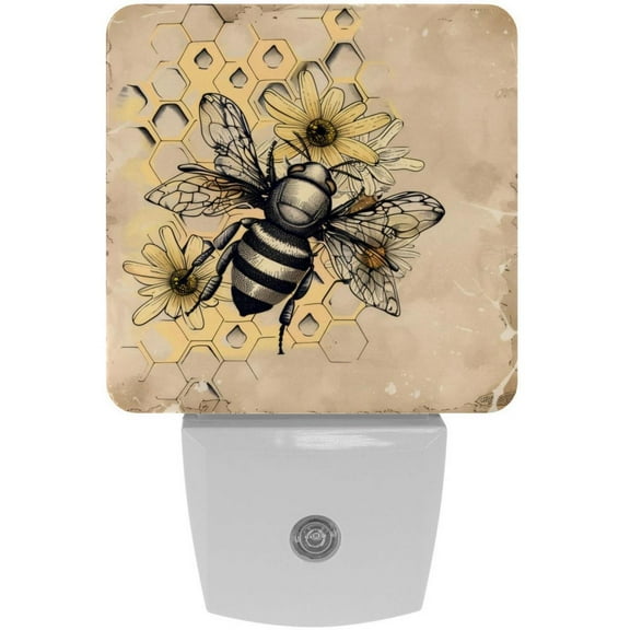 PhooArto Retro Honey Bee Floral Plug in LED Night Light Auto Sensor Dusk to Dawn Decorative Night for Bedroom, Bathroom, Kitchen, Hallway, Stairs, Baby's Room, Energy Saving