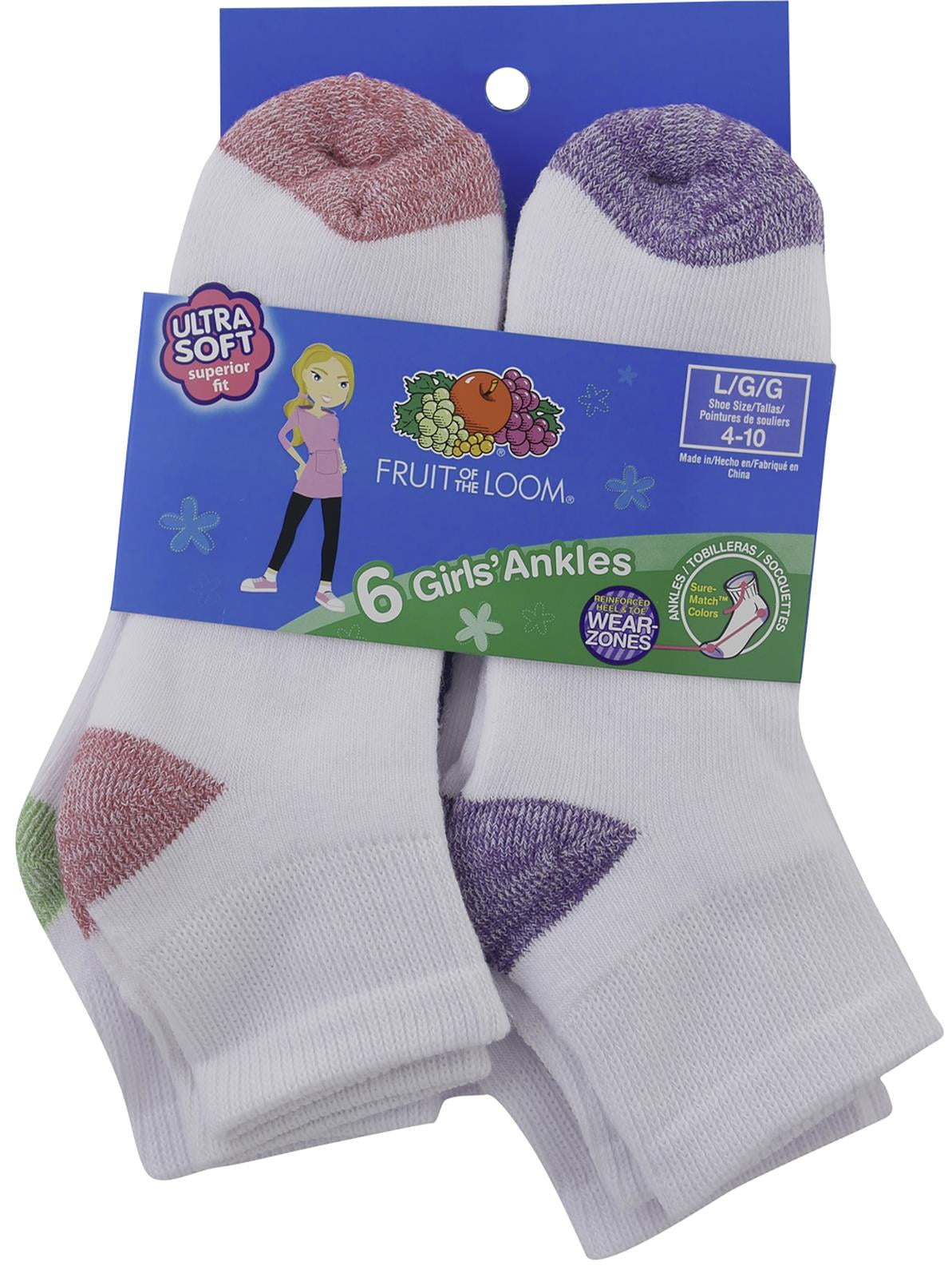 Fruit of the Loom Girls 6 Pack Core Ankle Socks