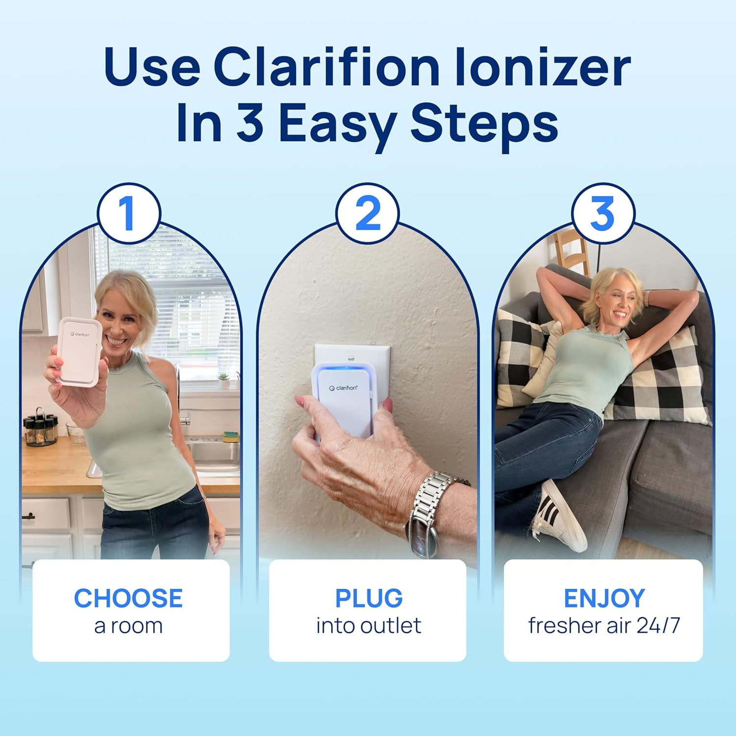 Clarifion - Air Ionizers for Home (3 Pack), Negative Ion Filtration System, Quiet Air Freshener for Bedroom, Office, Kitchen, Portable Air Filter Odor, Smoke Dust, Pets, Eliminator, Mini Air Cleaner