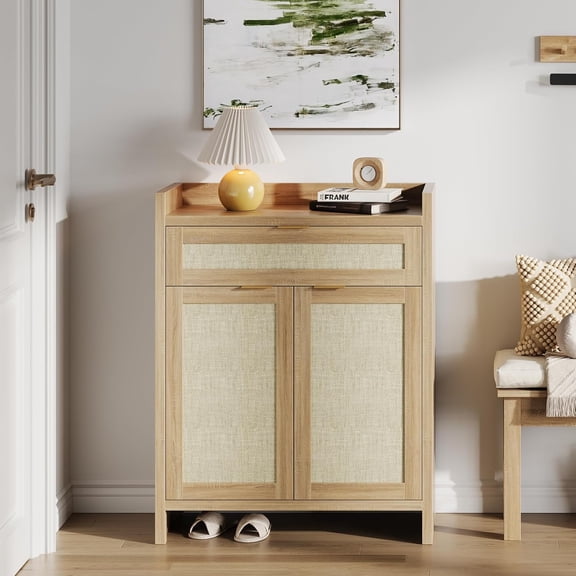 Yellow Rattan Shoe Cabinet, Boho Shoe Storage Organizer Cabinet with Drawer, 41" Tall Wooden Shoe Cabinet with 2 Doors, 6-Tier Farmhouse Storage Cabinet for Home, Entryway Kitchen Racks Adjustable De