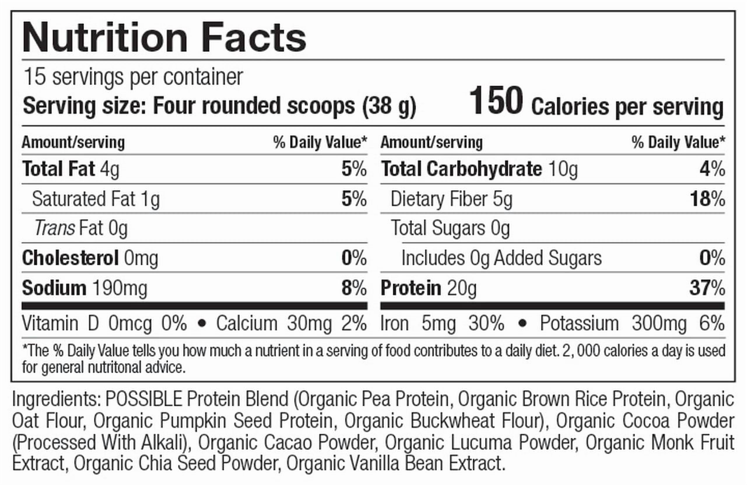 Possible Protein Powder Chocolate Cacao - 20g of Vegan, Plant-Based Protein Mix - Non-GMO, Non-Dairy, Gluten-Free - 3.5g of BCAAs - 9 Essential Amino Acids - 15-Day Supply - 1 Bag, 15 Servings