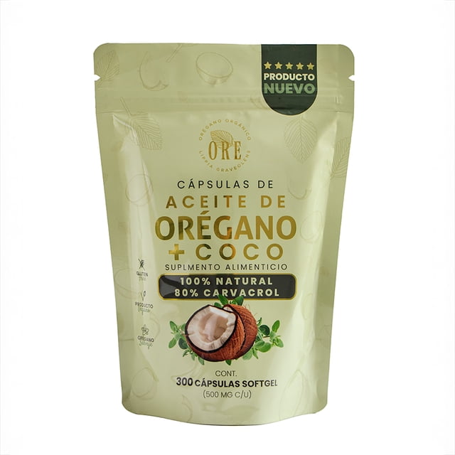 Capsulas de Aceite de Orégano y Coco Orgánicos ORE, Capsulas softgel de 500mg, 300 pz (Presentación bolsa), 80% Carvacrol