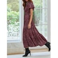 thumbnail image 5 of Summer Maxi Dresses for Women 2025 Casual V Neck Puff Short Sleeve Smocked Flowy Beach Boho Long Floral Dress Claret XL, 5 of 7