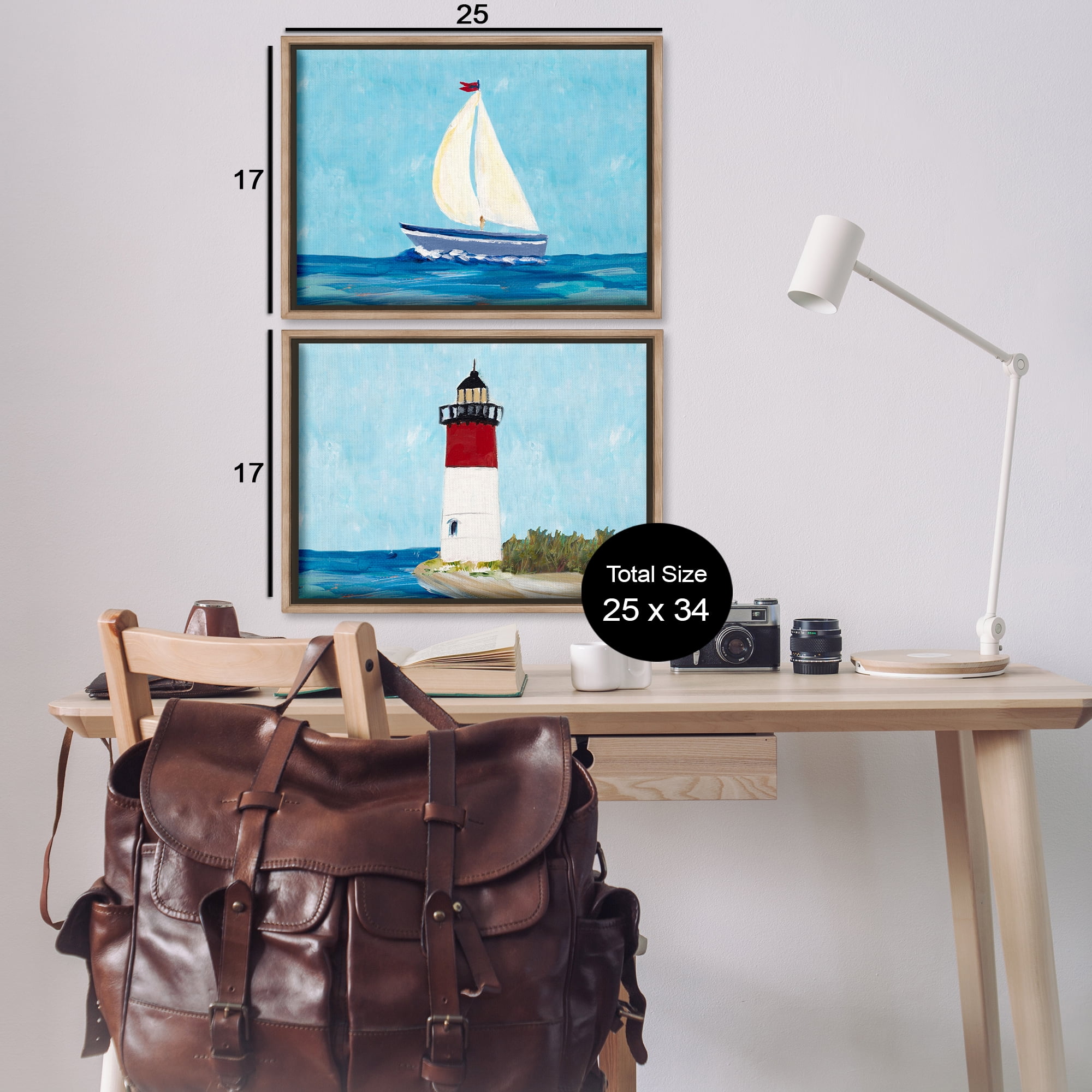 Stupell Industries Nautical Sail the Sea Lighthouse Nautical & Beach Painting Brown Floater Framed Canvas Art Print Wall Art, 25 x 17, Set of 2