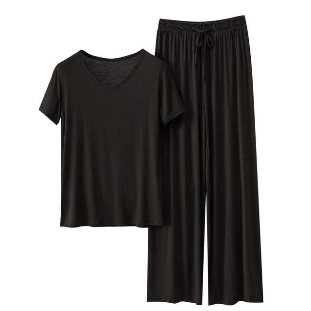 yoeyez Ensembles de Détente pour Femmes Pyjamas en Modal à Manches Courtes 2 Pcs Hauts à Col Ras du Cou à Enfiler et Pantalons à Jambes Larges Ensembles de Détente Pjs Noir,2TG