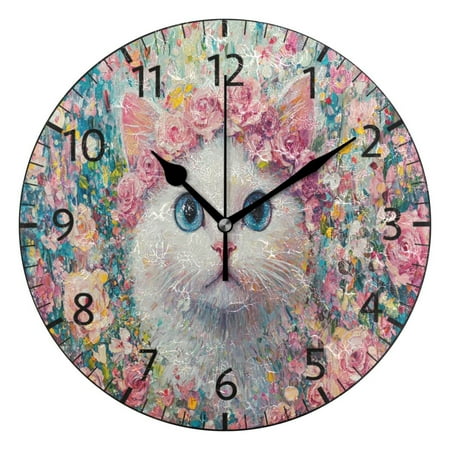 YAZAOO Decorative Wall Clock Size:25cm Cat Surrounded by Pink Roses Design Pattern Clock