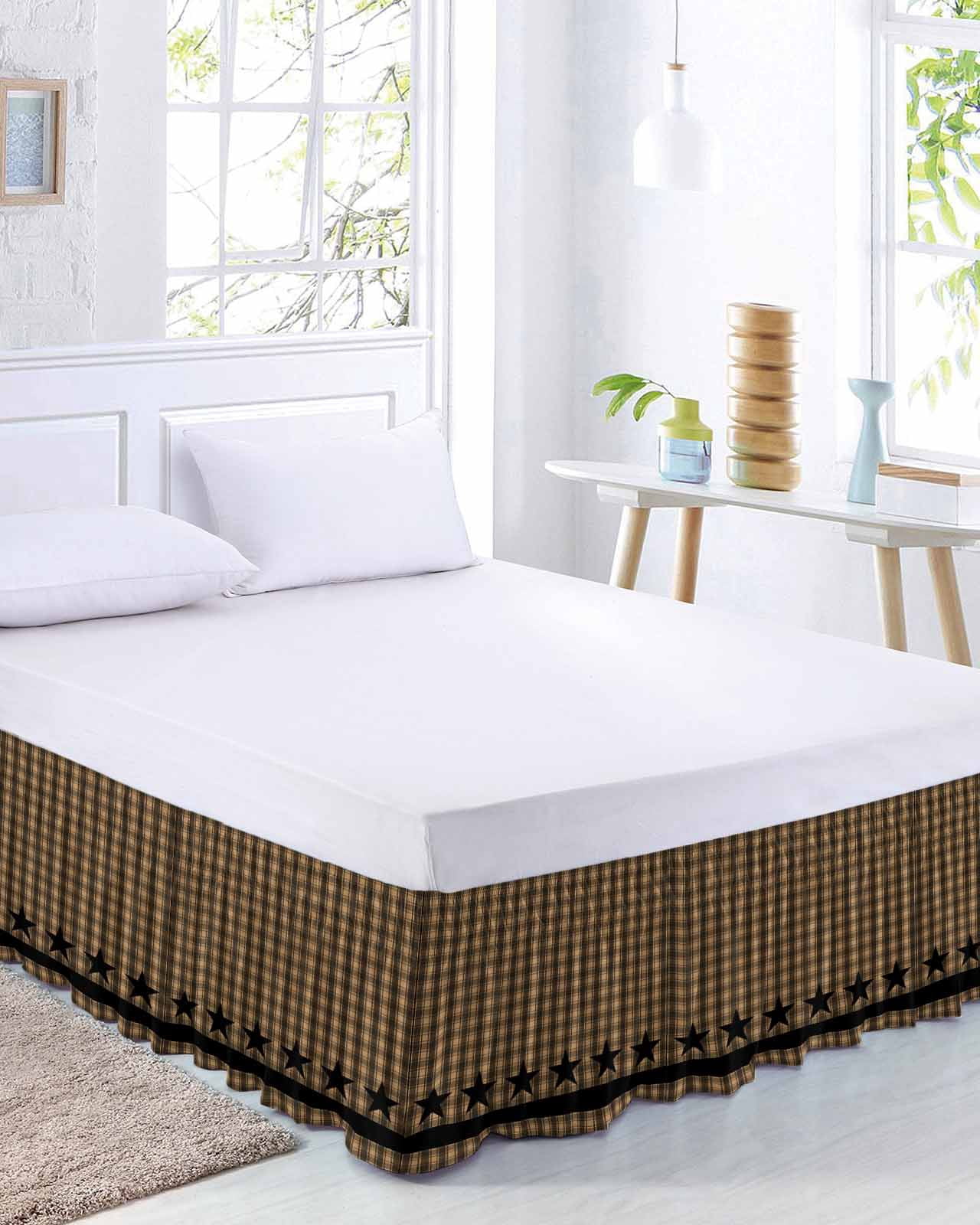 Brown Black Plaid Bed Skirt Queen Size, Vintage Rustic Star Buffalo Check Wrap Around Bed Skirting with Adjustable Elastic Strap, Dust Ruffle Pleated Bedskirts 16 Inch Drop for Bedroom Queen Beds
