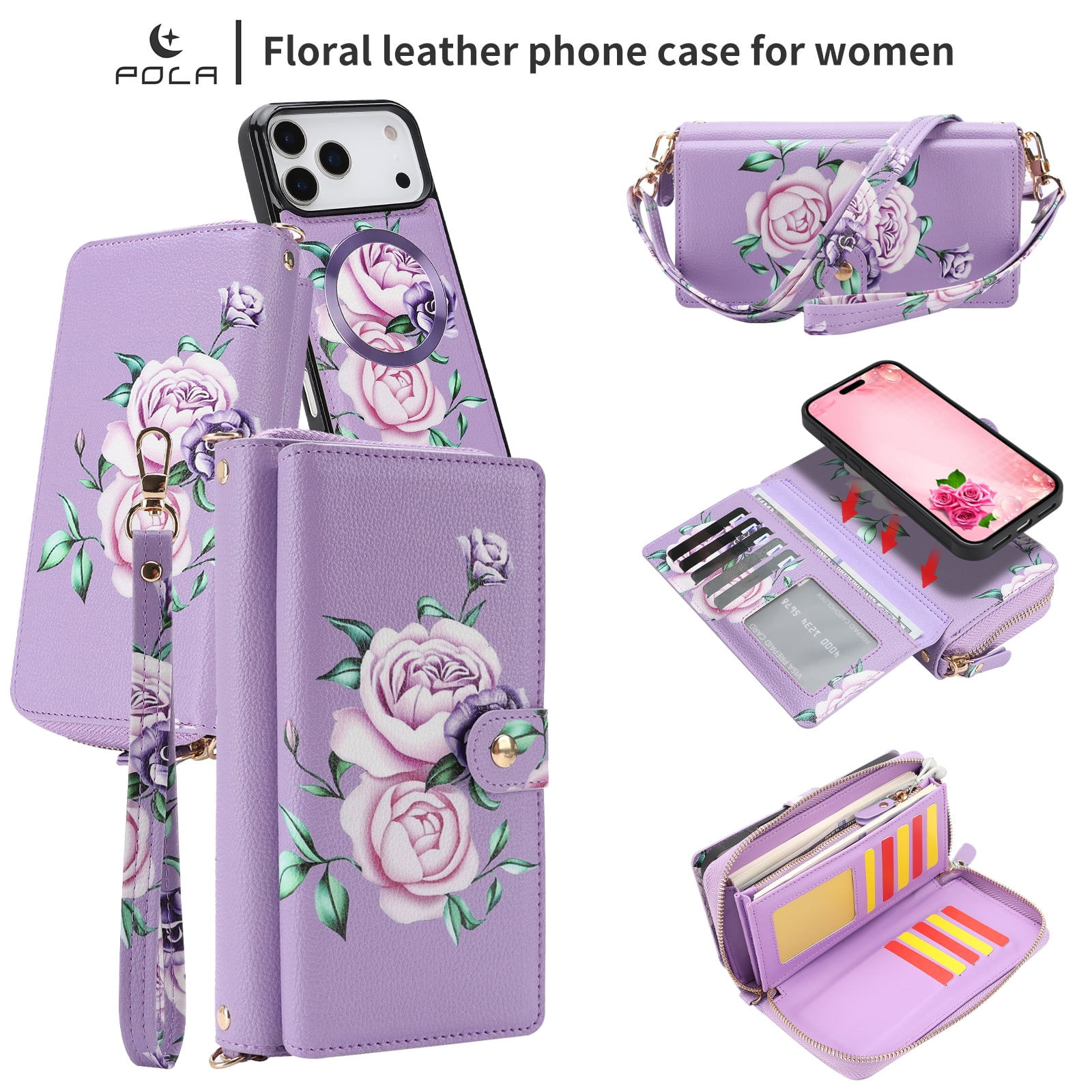 TECH CIRCLE 2-in-1 Wallet Case for iPhone 16 Pro (6.3", 2024), Detachable Magnetic Back Cover, Flip Flower Phone Case with 15 Card Slots, Zipper Pocket, Crossbody Strap, Wrist Strap, Purple
