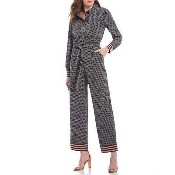 Donna Morgan Matte Jersey Geometric Pattern Stripe Trim Detail Jumpsuit
