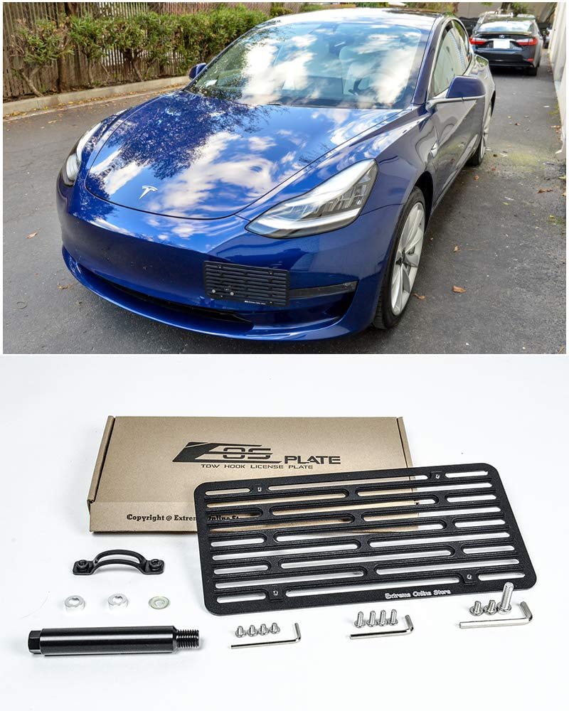 Extreme Online Store for 2016-Present Tesla Model 3  EOS Plate Version 2  Full Sized Front Bumper Tow Hook License Plate Relocator Mount Bracket 