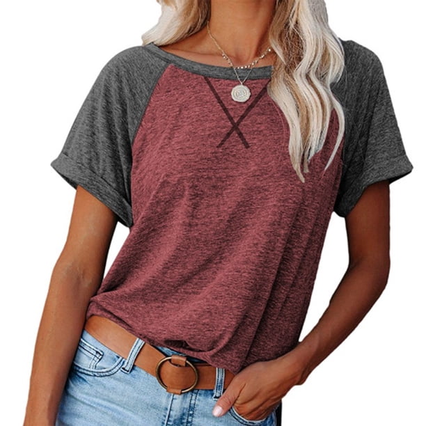 Camisetas casuales de manga corta para mujer, manga raglán enrollada, blusas tipo túnica con abertura lateral suelta (rojo ladrillo)