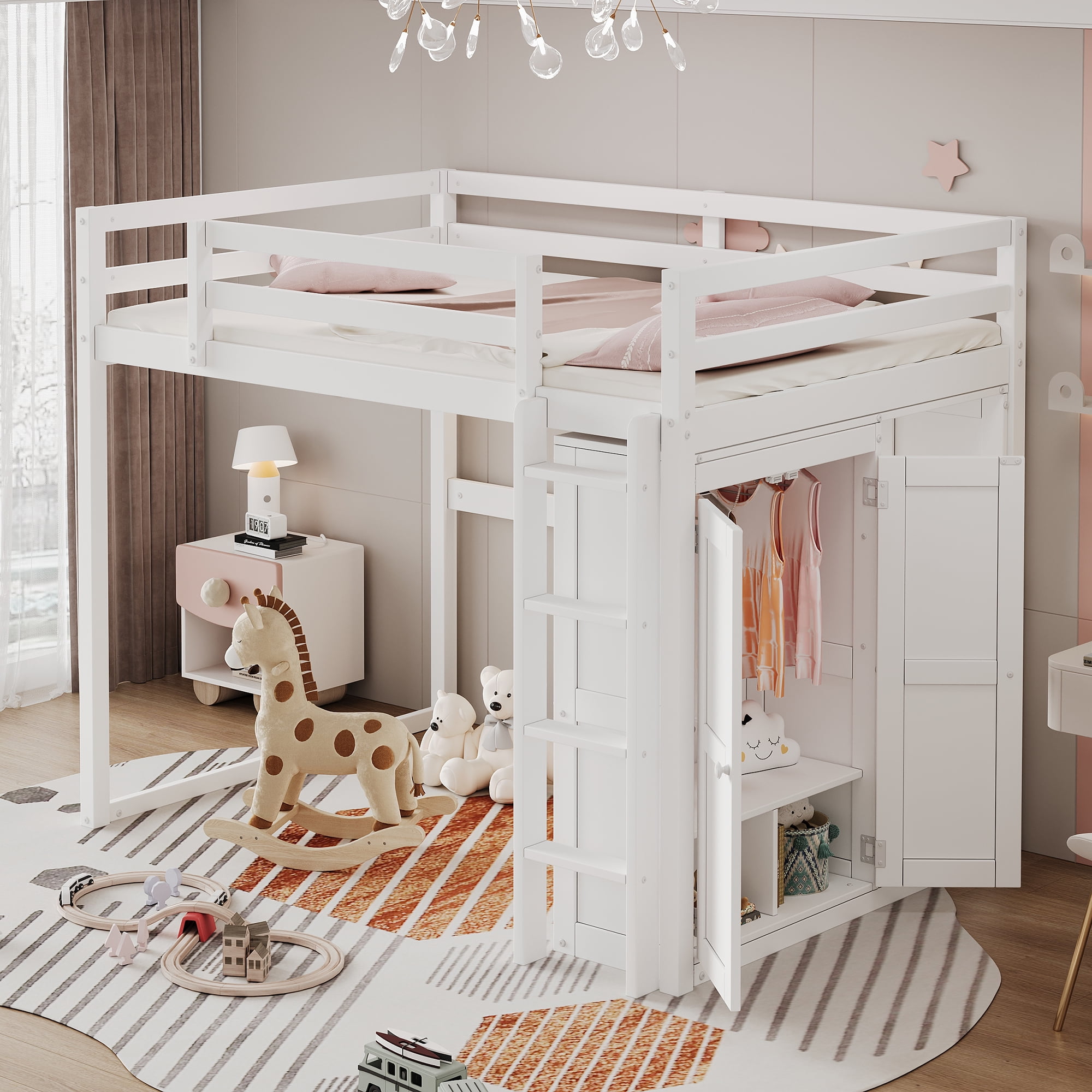 Euroco Wood Full Size Loft Bed with LED Light, Bookcase and Wardrobe, Storage Shelf for Kids Teens, White