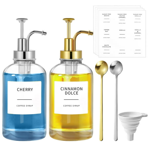 2Pcs Glass Coffee Syrup Dispenser with Pump Spoon Label Funnel, Maple Syrup Bottle for Coffee Bar Gold Silver, Empty Shampoo Dispenser, Clear Glass Soap Dispenser Set, 16.9 oz 500ml
