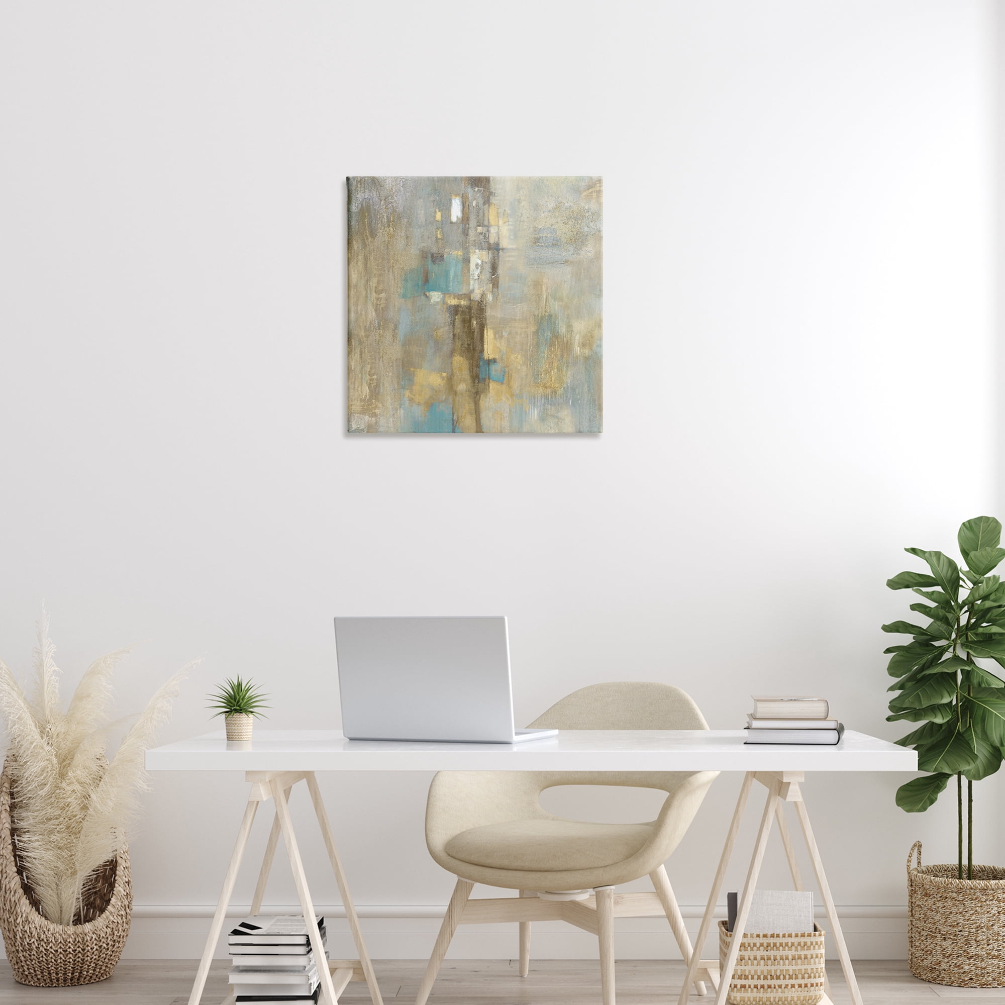 Stupell Industries Gold Abstract with Blue Abstract Painting Wrapped Canvas Art Print Wall Art, 24 x 24