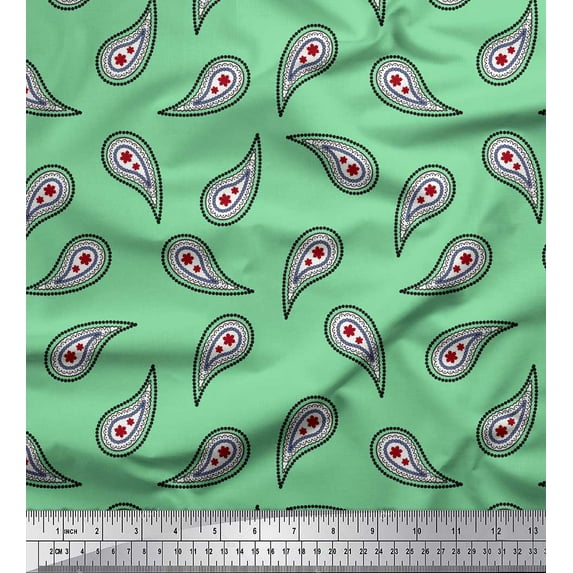 Soimoi Green Cotton Duck Fabric Floral & Paisley Print Fabric by the Yard 42 Inch Wide