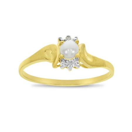 14k Yellow Gold Freshwater Cultured Pearl And Diamond Satin Finish Ring