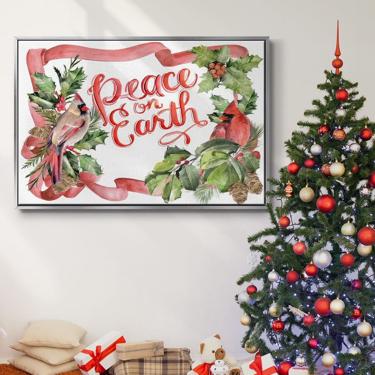 Cardinal Holly Christmas Collection A - Framed Gallery Wrapped Holiday Canvas - 25 x 37 - Silver Frame