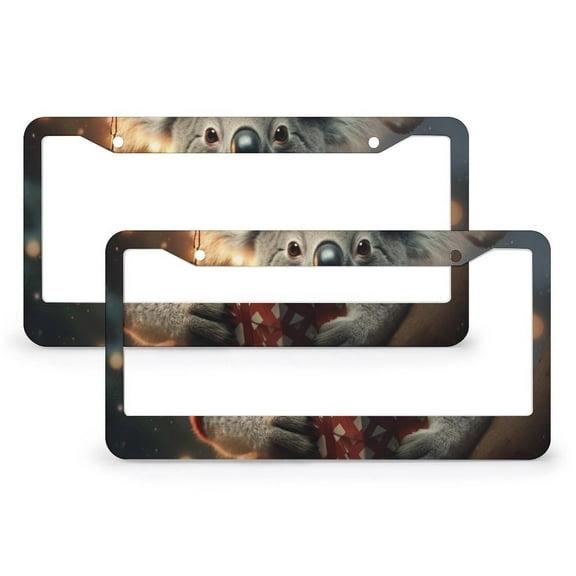 Christmas Koala License Plate Frame 2 PCS Animal Themed Auto Decorative Frames Cars Protector Cover Holder for Women 2 Round Holes Metal License Plate Cover