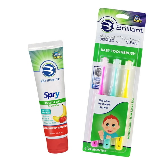 Brilliant Bundle Includes Baby Toothbrush 3 Pack 3 Color - Pink-Mint-Yellow and Spry Tooth Gel with Xylitol, Strawberry Banana Flavor, Fluoride Free Toothpaste Safe for Babies, Toddlers, and Kids