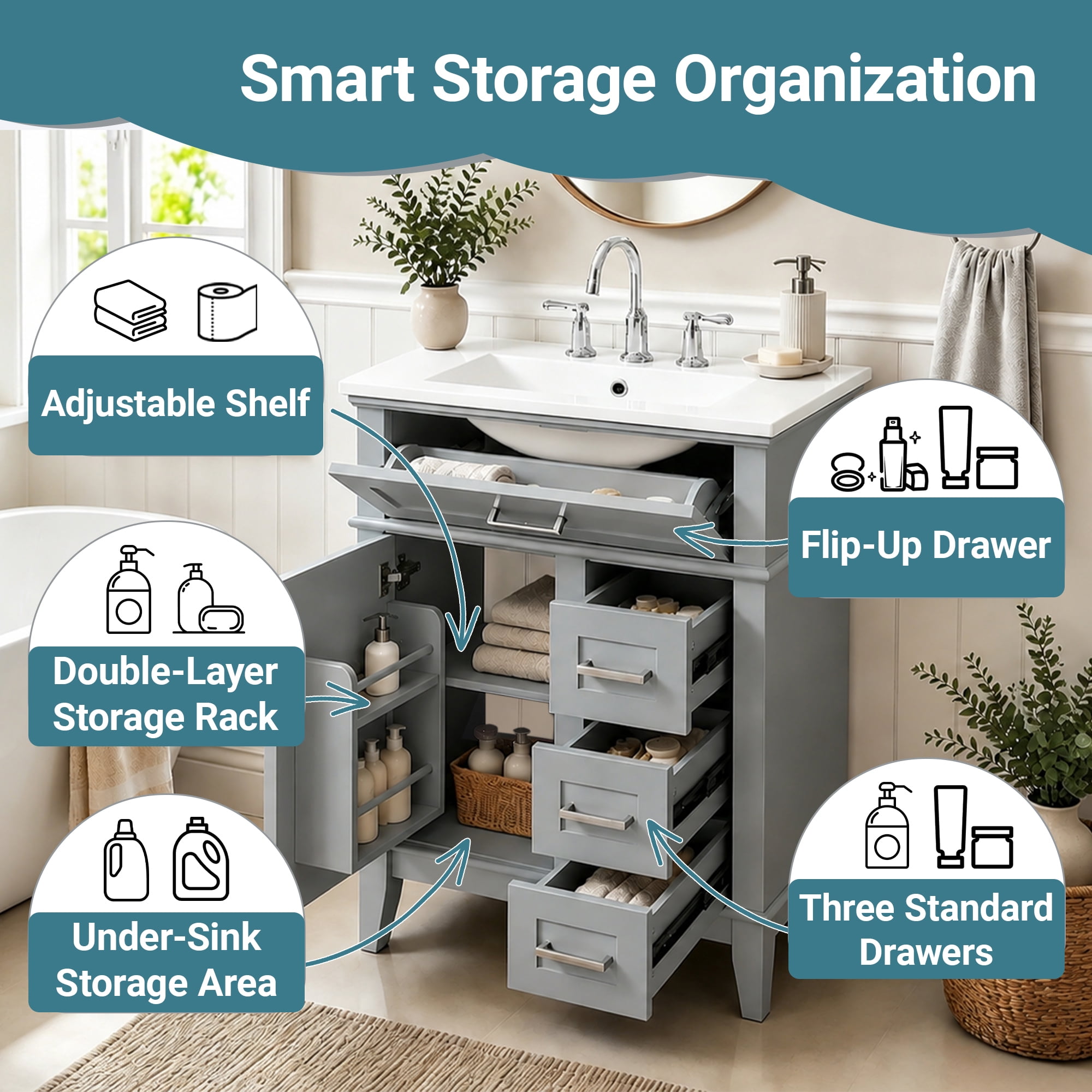 GARITIN 24 Inch Bathroom Vanity with Ceramic Sink, Solid Wood Frame & MDF Cabinet, 1 Door, Flip Drawer & 3 Drawers, Soft Close Hinges, Adjustable Shelf, Gray