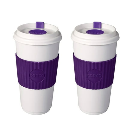 - 2 Pack Copco Original To-Go-Cup With Non Slip Textured Sleeve & Leakproof Lid - BPA Free Plastic 16 Oz - Purple White