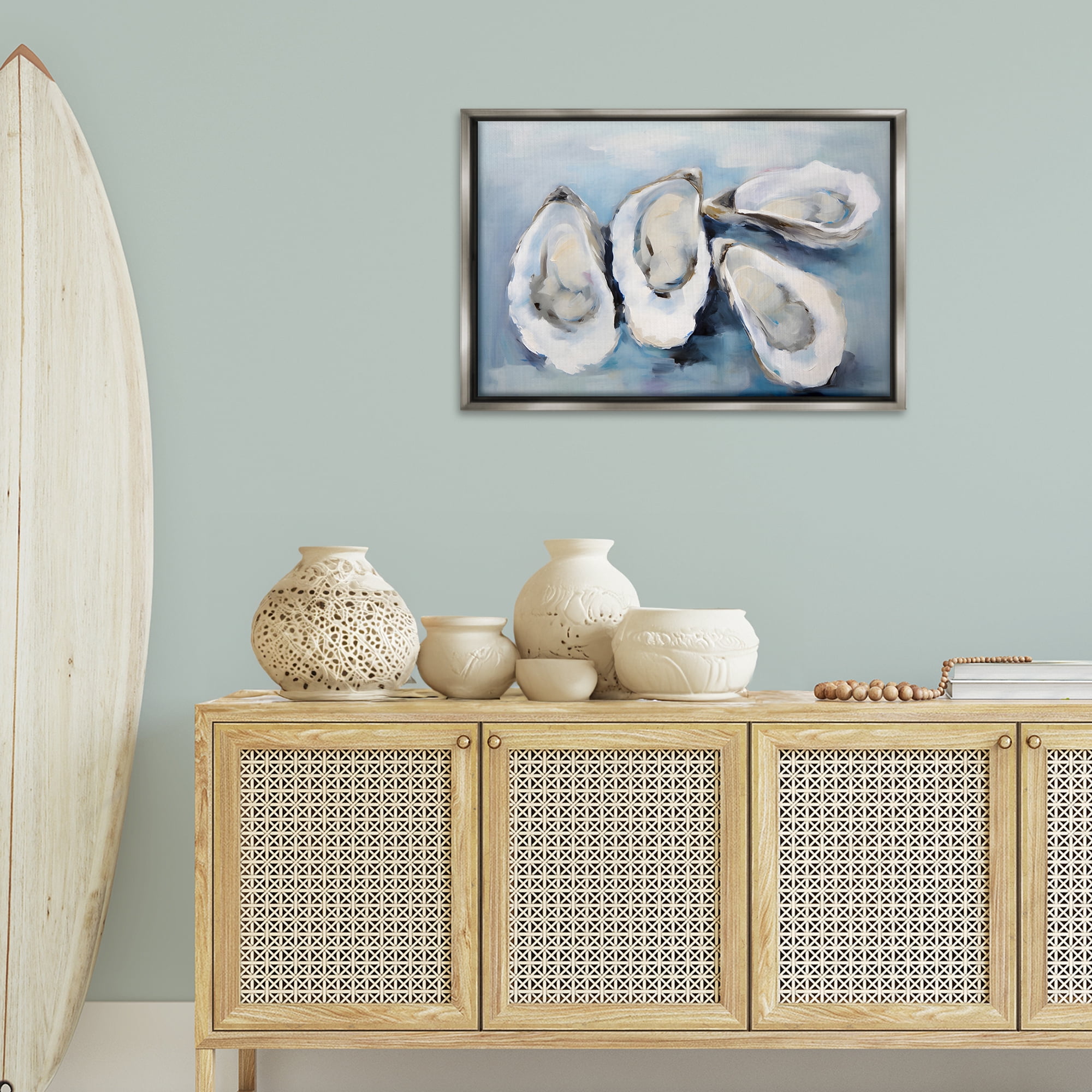 Stupell Industries Four Oysters Impression Nautical & Beach Painting Gray Floater Framed Canvas Art Print Wall Art, 31 x 21