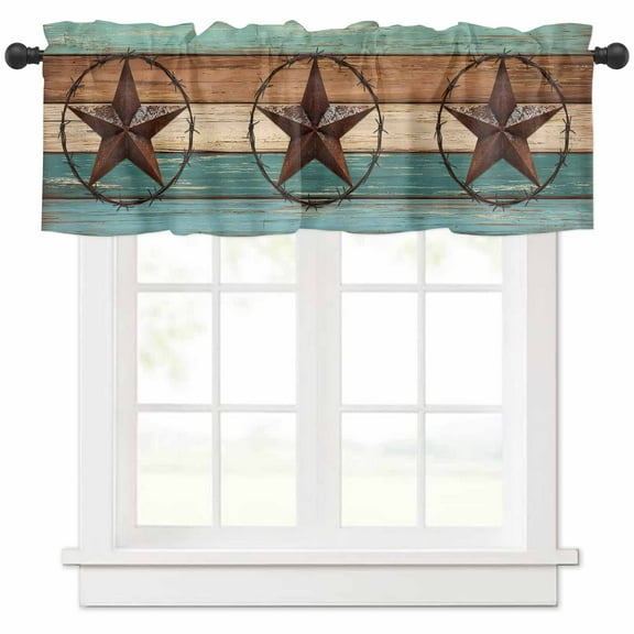 Vintage Teal Curtain Valance for Windows/Kitchen/Living Room/Bedroom, Brown Western Texas Barn Star Wood Grain Rod Pocket Window Treatment Short Drape Topper Small Tier Cafe Curtains Panel 54X18