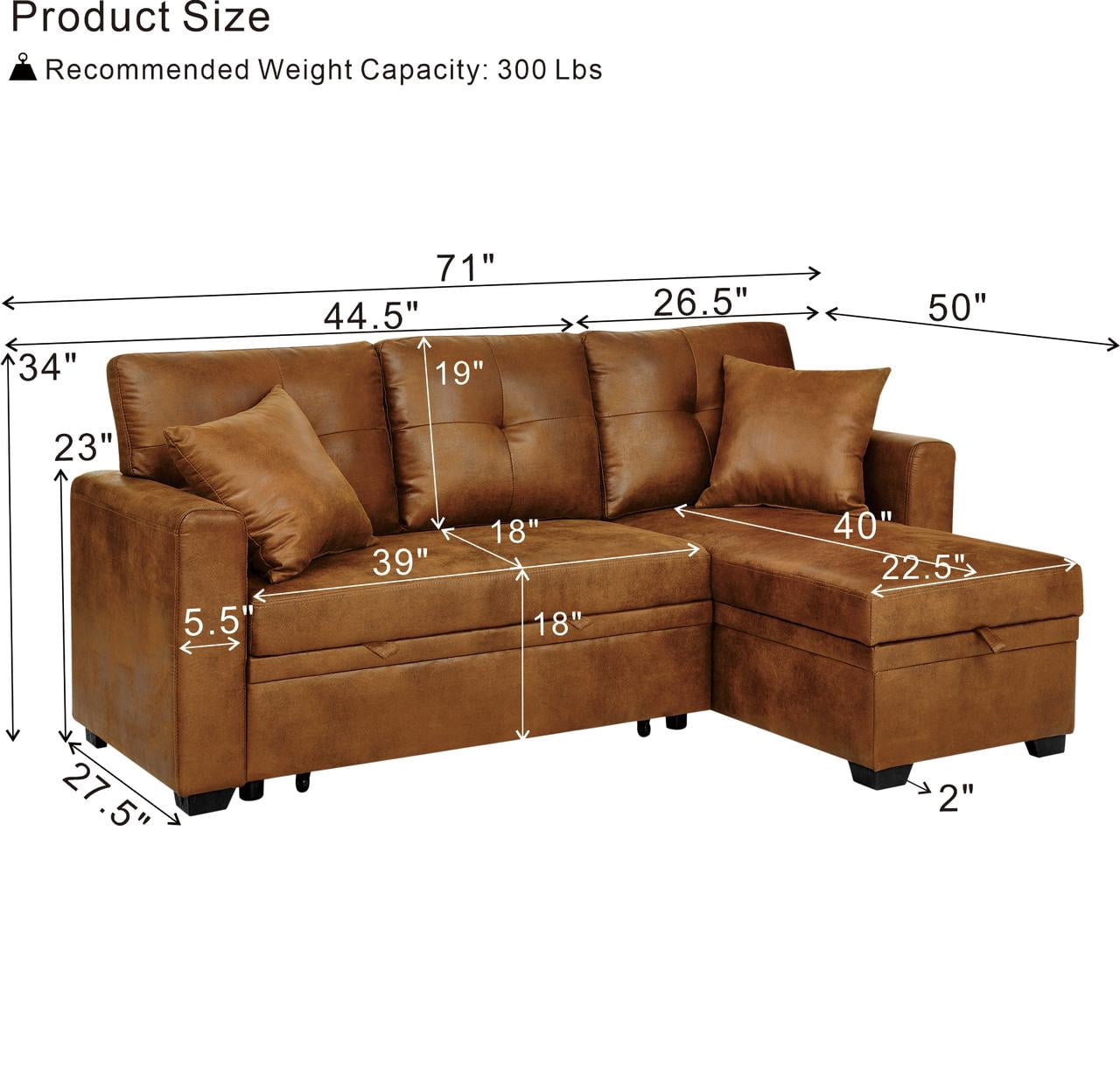 BSHTI 71" Polyester L-Shaped Pull-Out Sleeper Sofa Bed with Reversible Chaise, Hidden Storage for Living Room（Light Brown）