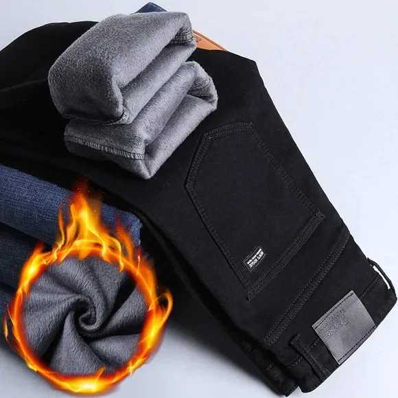 Nouveau Pantalon en Denim Décontracté pour Homme, Style Jeans Chaud en Molleton, Affaires, Fourrure Épaissie, Coupe Régulière