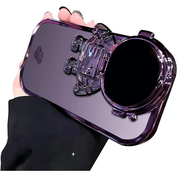 Compatible with iPhone 12 Phone Case,6D Plating Astronaut Stand Case for iPhone 12 Pro Cute Astronaut Camera Soft Shockproof Clear Cover Bumper for iPhone 12 6.1 inch Case (Dark Purple)