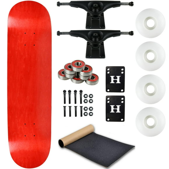 Moose Skateboard Complet Rouge Tache 8.0 Pouces avec Camions Noirs et Roues Blanches