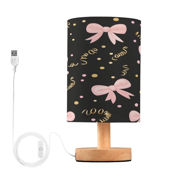 Black Background Pink Bows Table Lamp, Fully Dimmable Nightstand Lamp with USB and Linen Fabric Shade, Modern Gifts for Bedroom, Living Room, Office