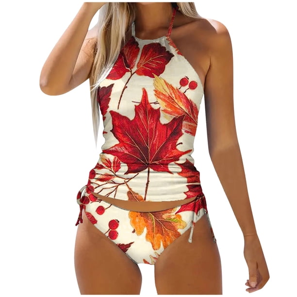 MKLEKYY Trajes De Baño Mujer Dos Piezas Women'S Fashion Summer Maple Leaf Day Print Sexy Lace Up Two Piece Swimsuit