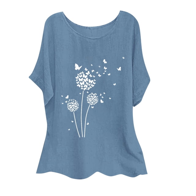 Birdeem Mode Femmes Coton et Lin Imprimé Col Rond Manches Courtes Haut Chemises Blouses