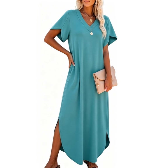 SAWOBUUN Womens Casual Maxi Dress V Neck Short Sleeve Loose Fit Summer Beach Vacation Long Dress with Pockets