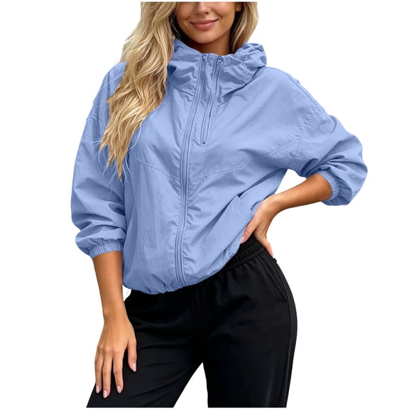 MaFYtyTPR Windbreaker Jacket for Women Solid Hooded Zipper Lightweight Long Sleeve Jackets with Pocket For Jogging Daily Wear Blue L
