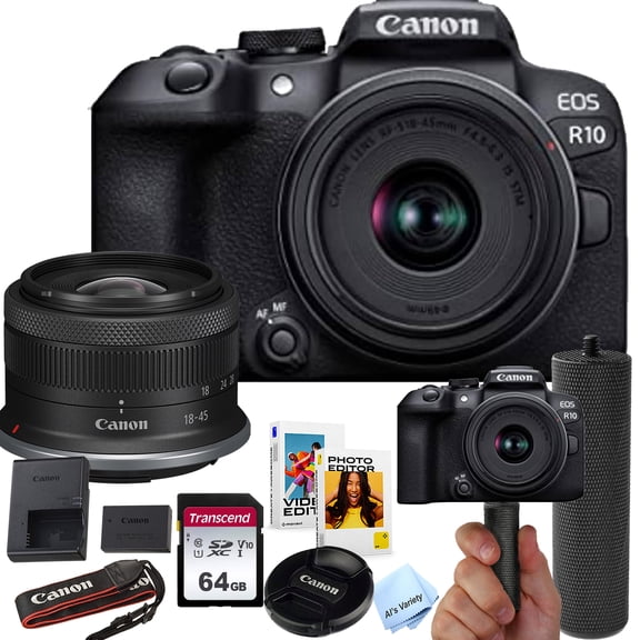 Canon EOS R10 24.2MP APS-C CMOS Sensor Mirrorless Camera with 18-45mm Lens   64GB Memory   Stabilizing Grip   Software Pack  More (Value Bundle) (International Version)