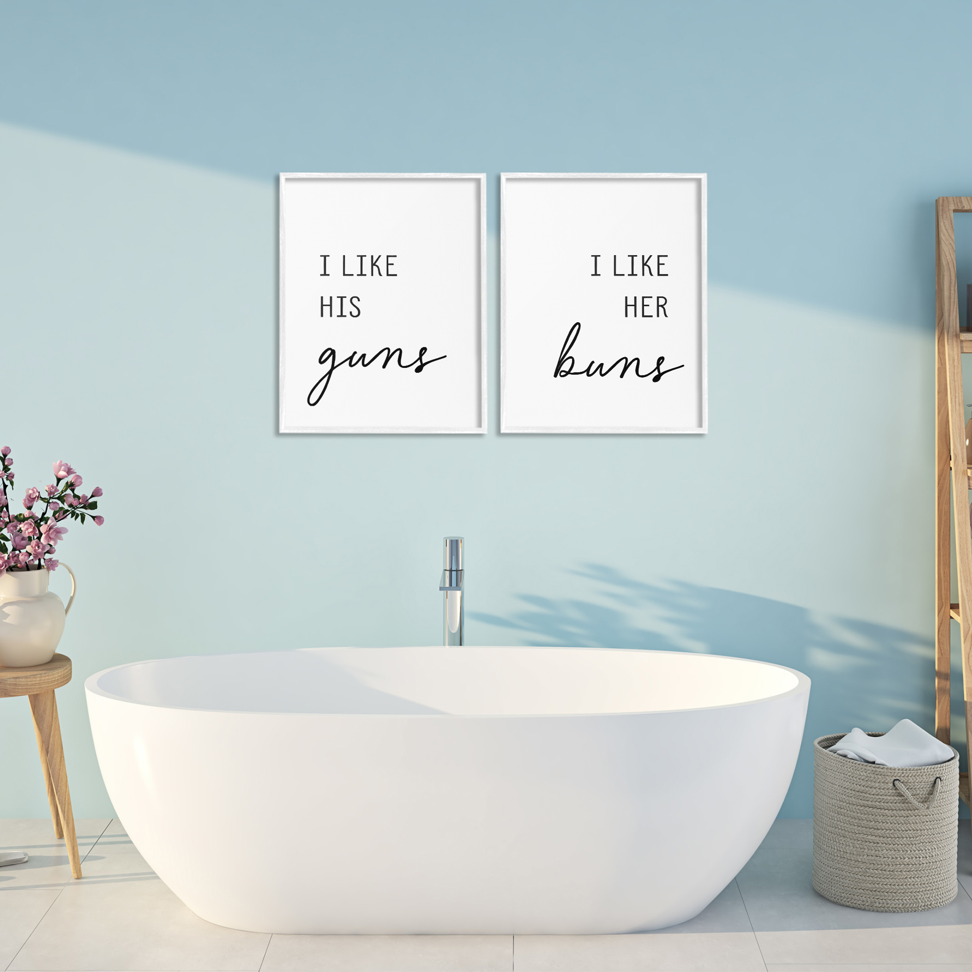 Like His Guns & Her Buns 2 Piece White Framed Giclee Art Set, design by Lettered and Lined