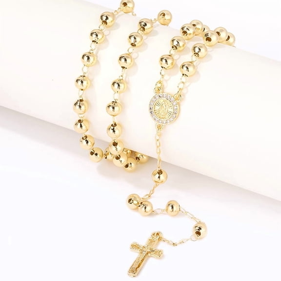 Religious Christian 14K White Gold Rosary Beads Necklace Jesus Cross Pendant Necklace Long Chain Neck Jewelry Gift