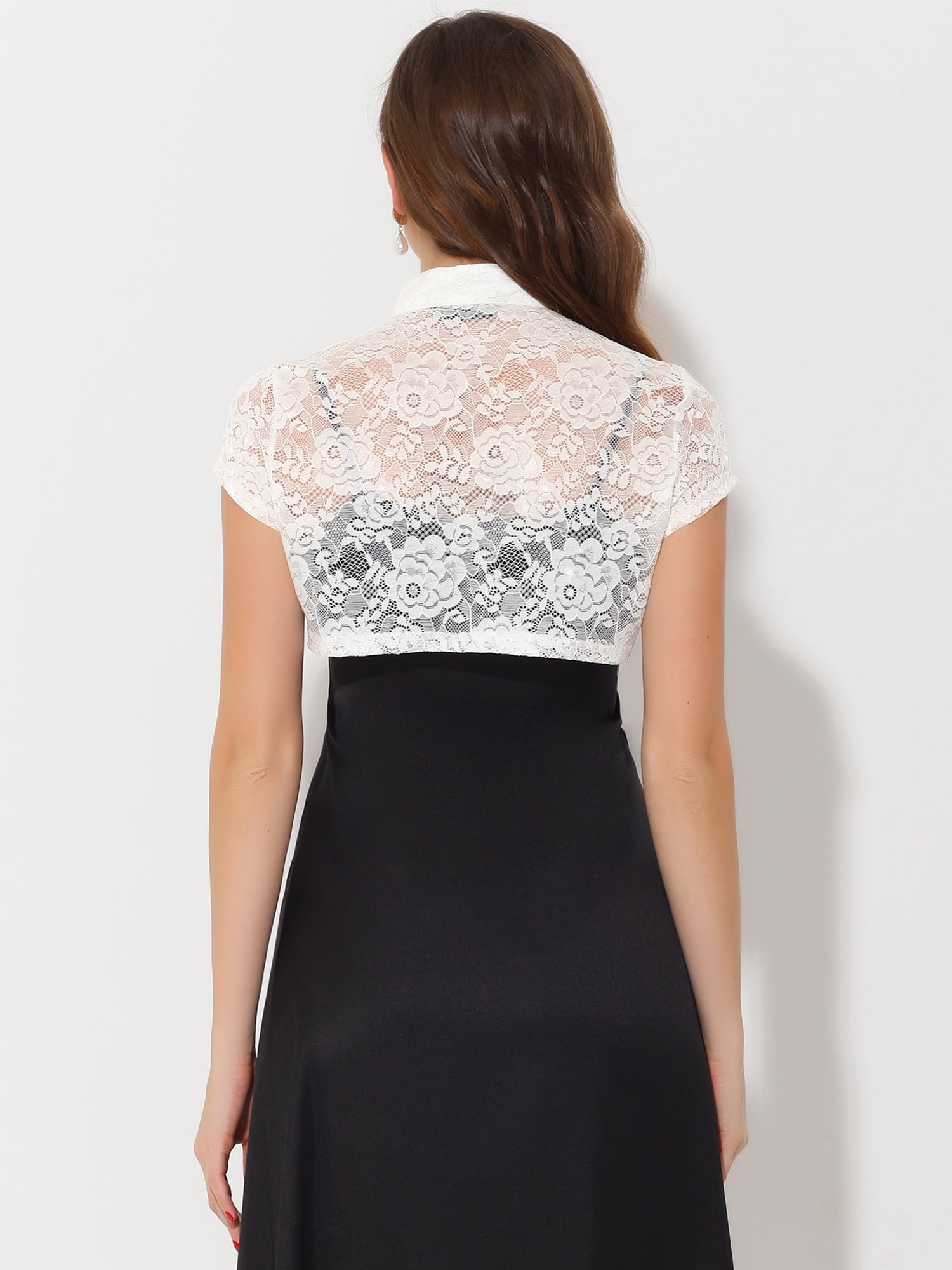 DARING DIVA Lace Cardigan Stand Collar Short Elegant Shrug L White