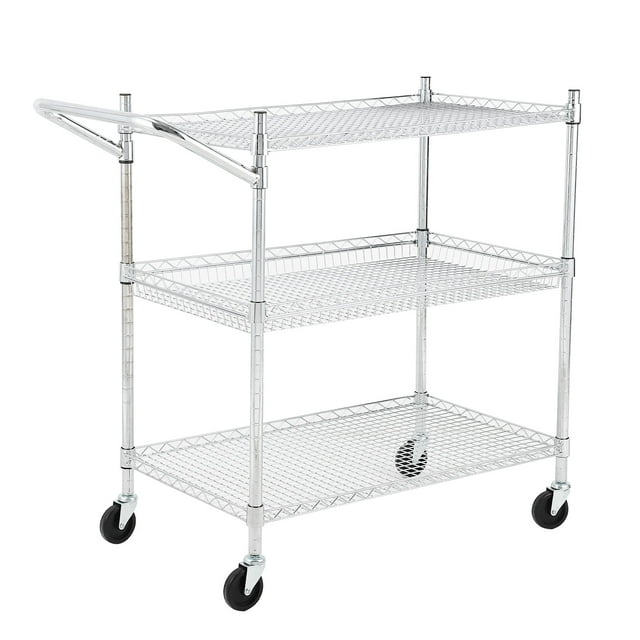 Chariot Utilitaire – Chariot de Rangement en Acier Inoxydable Robuste à 3 Niveaux avec Poignée Basse et Roues – Étagères Grillagées pour Cuisine, Bureau, Garage – Lot de 1
