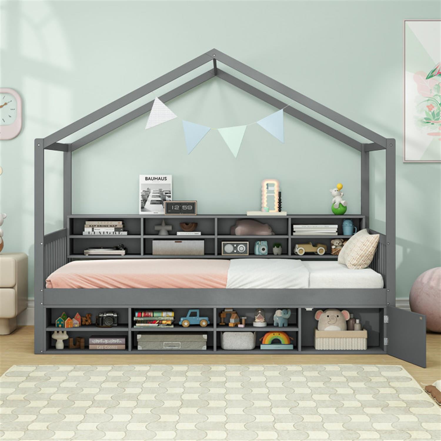 Demi Bonn Twin Size Bed Frame with 14 Storage Cubes and Enclosed Cabinet, Wooden House Bed with Roof for Bedroom, Gray